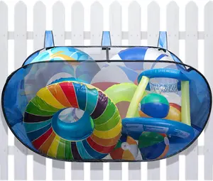 60 x 30 x 24 Inches Pop-Up Pool Float Storage Bag, Hanging Mesh Pool Organizer for Fence Pool Side, Foldable Pool Toy Storage Mesh Basket for Floats, Balls, Inflatable Toys and Pool Accessories