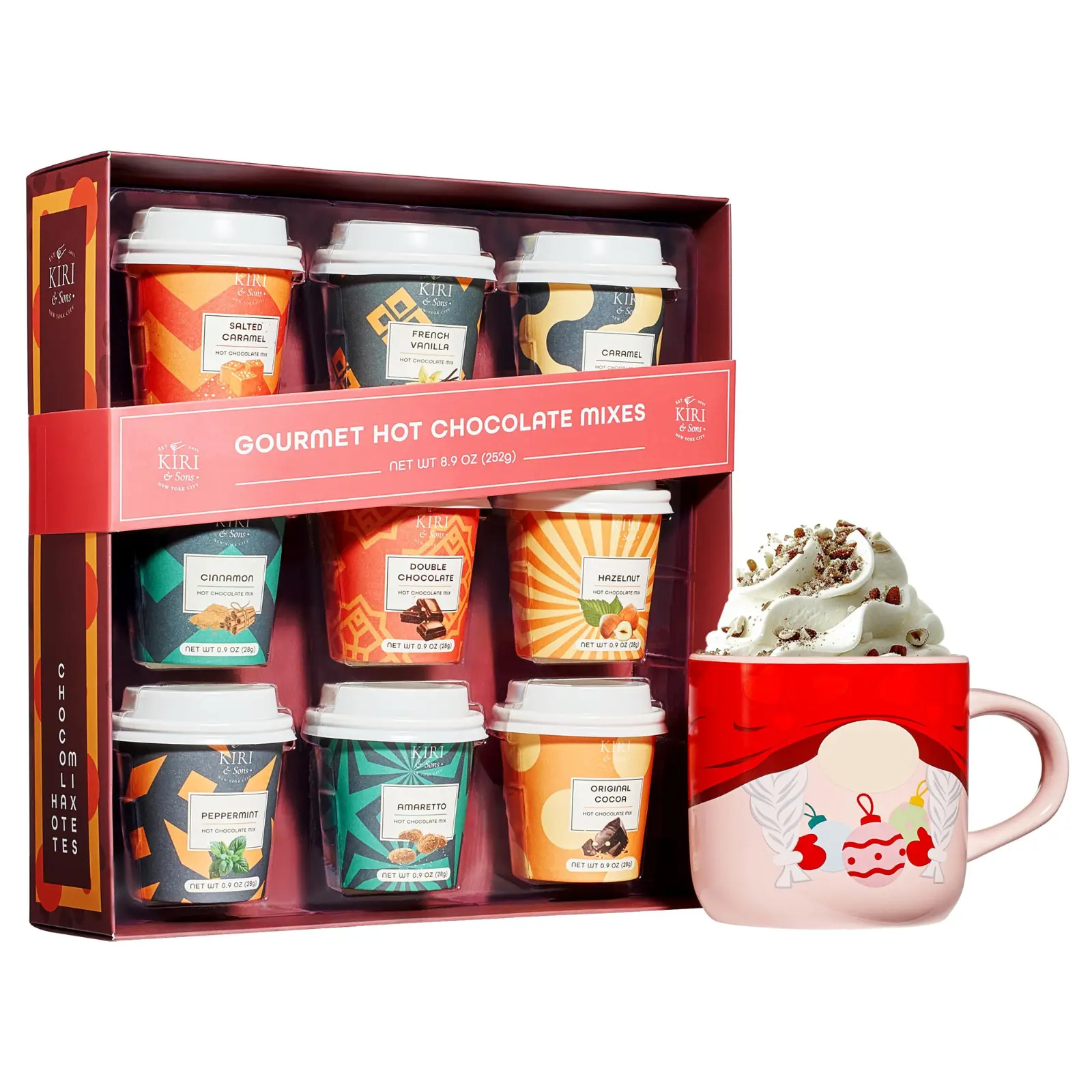 Kiri & Sons Hot Chocolate Mix Gift Set, Hot Chocolate Gift Mix in Mini Cup Packaging, Flavors Include Double Chocolate, French Vanilla, Peppermint, Salted Caramel and More, Set of 9 Winter Edition