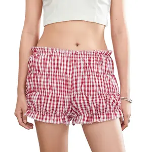 Women Gingham Smocked Boxers Shorts Y2k Tiered Ruffle Ruched Plaid Pajama Micro Shorts Cute Lolita Elastic Low Waist Bloomers Streetwear