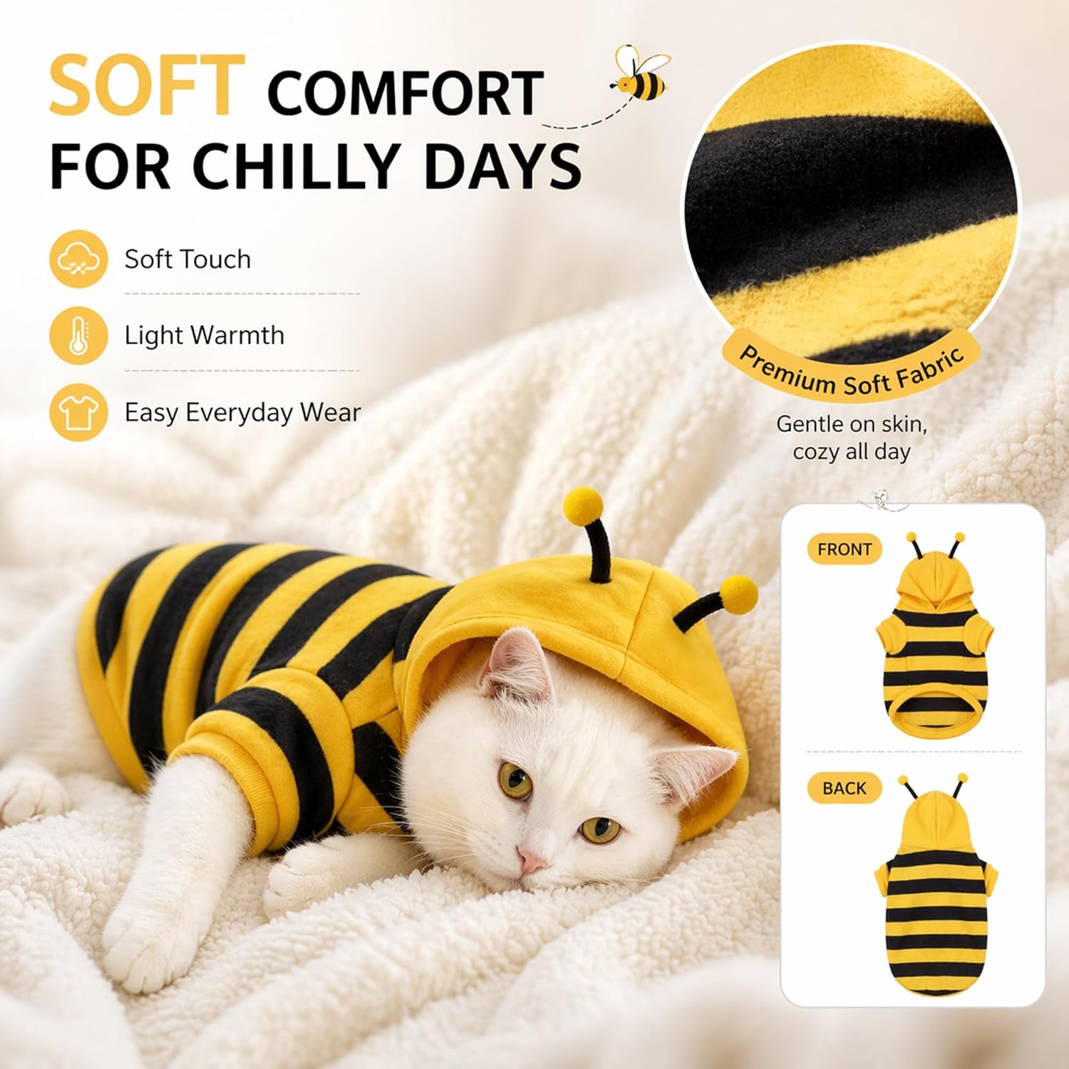 Halloween Cat Bee Costume for Cats & Small Dogs, Bumble Bee Pet Costume, Soft Fleece Hoodie with Antennae, Funny Pet Halloween Costume, Puppy & Kitten Outfit, Pet Photo Prop