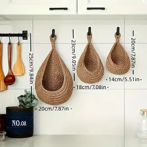 3pcs Bohemian style wall hanging basket, a small and cute kitchen fruit and vegetable storage basket, suitable for garlic and onion, home and dining decoration, Shelf Baskets