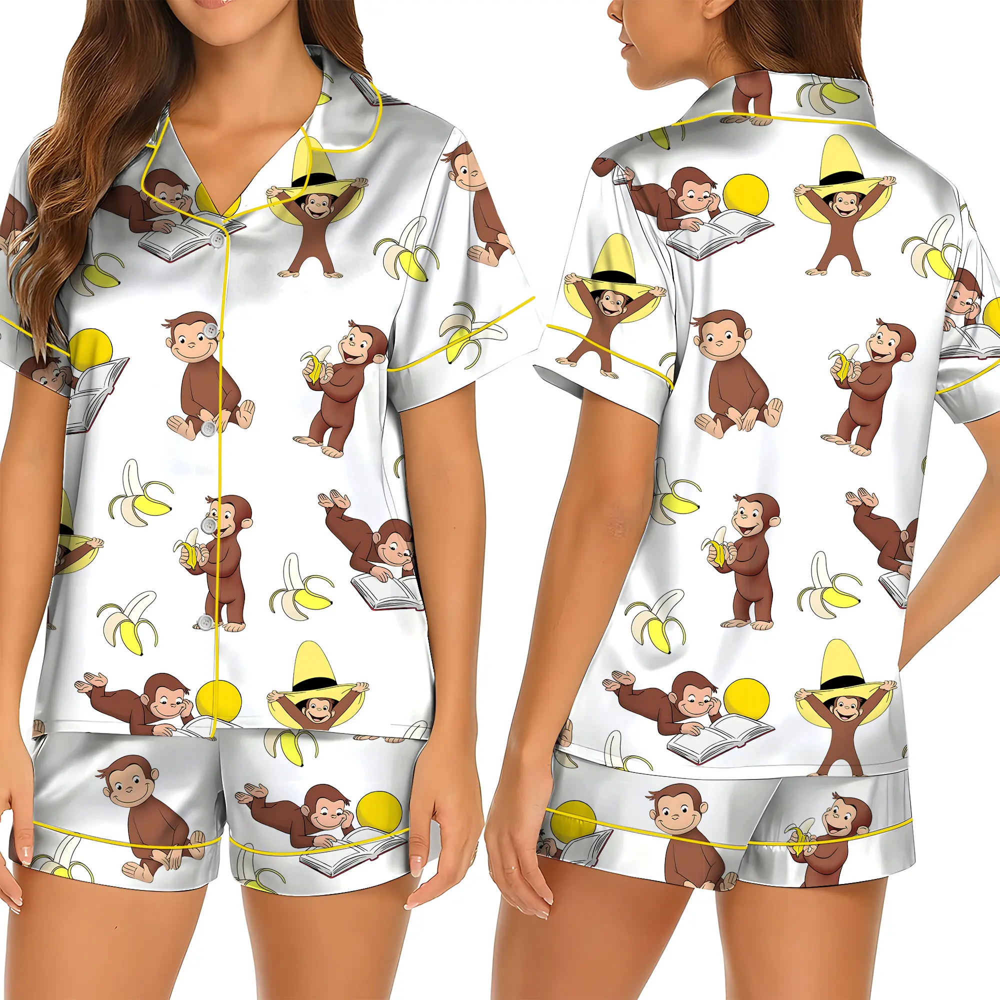Women's Monkey Banana Print Pajama Set , Cute Monkey & Banana All-Over Print Lapel Collar Button-Front Shirt & Elastic Waist Pants, All-Season Sleepwear, Pajamas for -Like s, Themed Costume Party Outfit