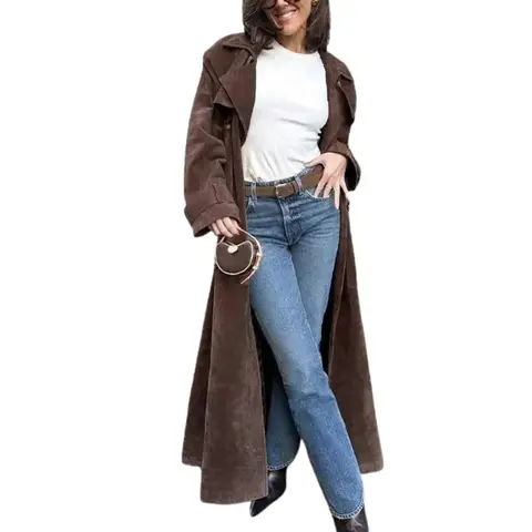 CHOUYATOU Women's Faux Suede Jacket, Double-Breasted Trench Coat with Notched Lapel, Belted Slim Fit for Formal to Casual Women's Clothing,back to school,back to school shopping, Fitted