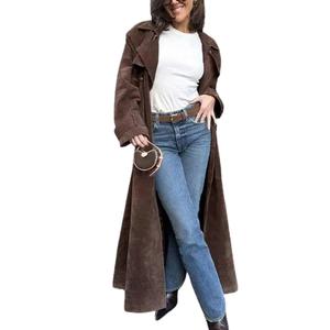 Chouyatou Womens Faux Suede Long Trench Coat Notched Lapel Double Breasted Pea Coat Overcoat with Belt Jackets Womenswear