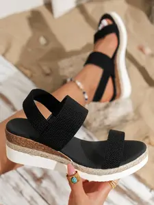 2026 Summer New Women's Strap Wedge Sandals, Straw Rope Braided Thick Sole Waterproof Platform, Open Toe Design Elastic Back Heel, Casual All-Season Shoes