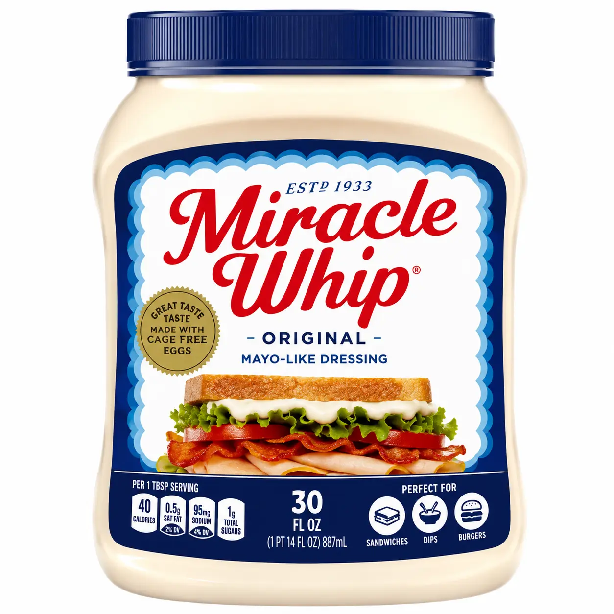 Miracle Whip Original Mayo-Like Dressing, 30 fl oz, Creamy Sandwich Spread & Salad Dressing, Tangy Flavor, Family Size, 1 Pack