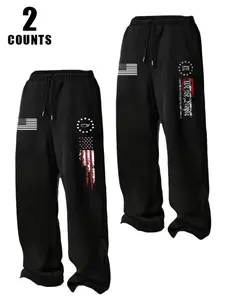 2-piece men's 1776 patriotic sports pants, We The People American flag patterned jogging pants, casual drawstring waist July 4th men's outdoor pants