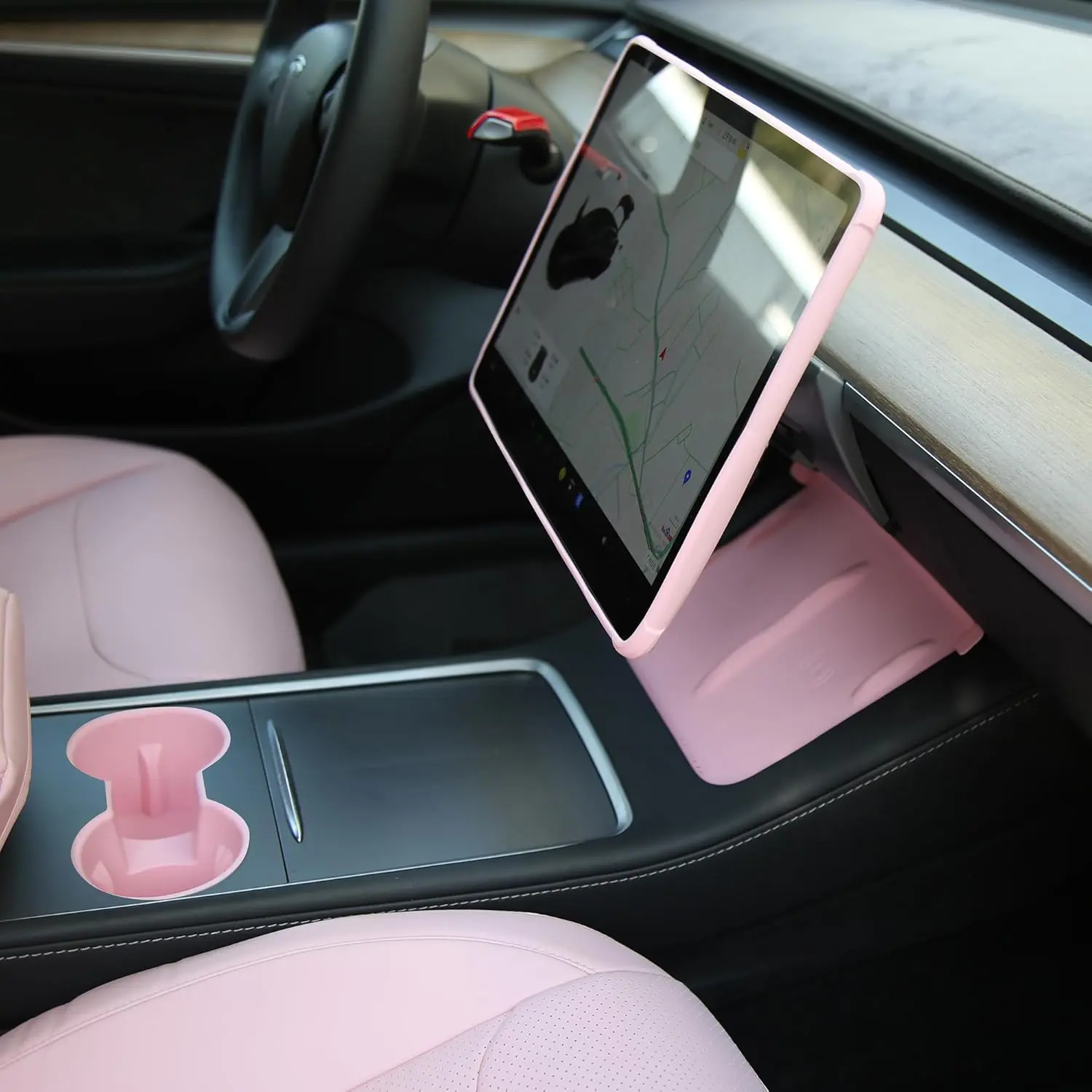 3PCS Center Console Accessories for Tesla Model Y 2021-2024 and Model 3 2021-2023 Cup Holder Insert, Screen Edge Protector Frame, Silicone Wireless Charger Mat, Pink, Model 3/Y