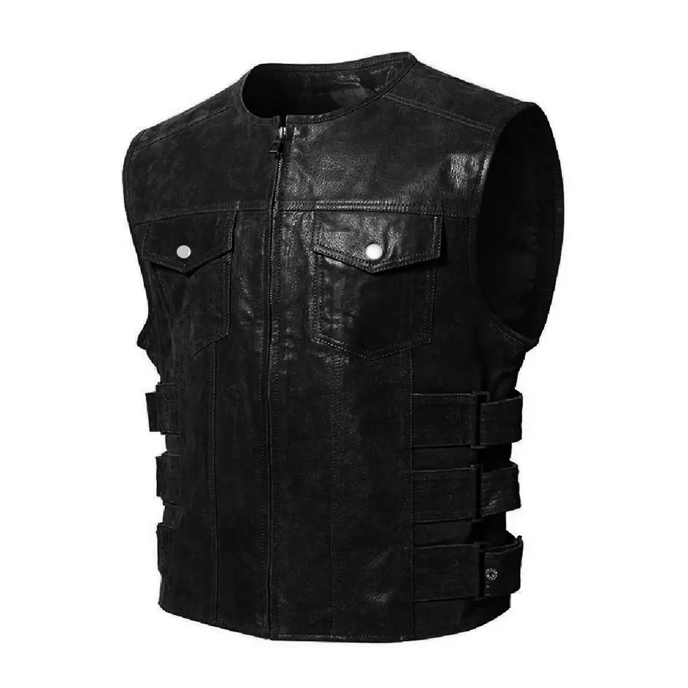 Men's Leather Vest Black Leather Sleeveless Vest Motor Biker Classic Sporty Zip-Up Leather Waistcoat ll Side Adjustment Strap by Hide Crafts Menswear Casual
