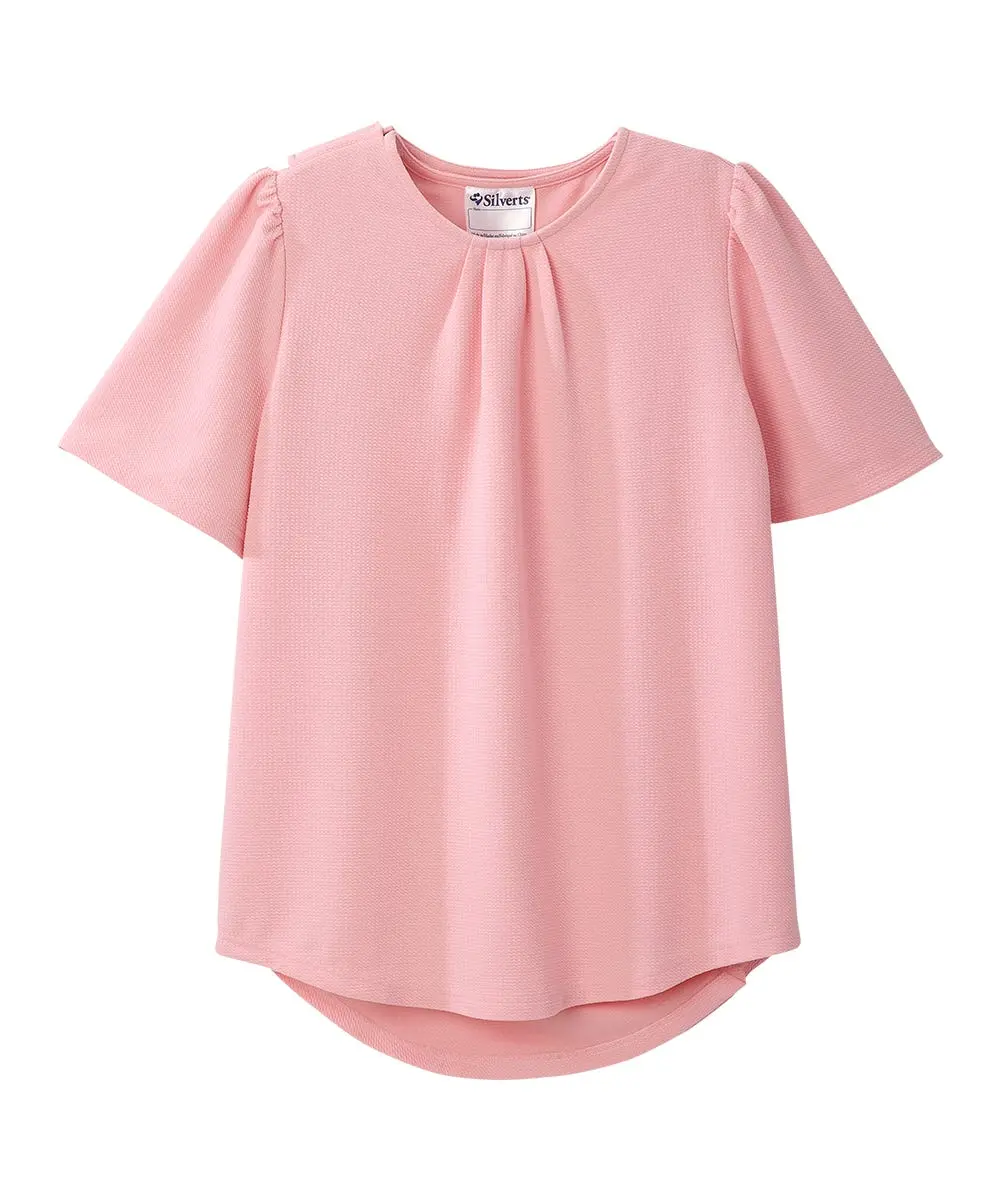 Women's Adaptive Blouse, Soft Bubble Knit Pleated Top with Flutter Sleeve, Hi-Low Hem & Open Back Snap Closure, Fabric, Shirts, Lady, Pleated Neck, Overlap Backs, 28 Inches, Caregiver Safety, Full Back Coverage, Spandex, Casual, 2Xl, Loose-Fitting, Seated