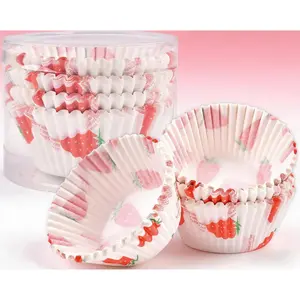 KUAOOAUK mini cupcake liners for baking, 100 muffin liners, ice cream paper cups, strawberry paper baking cups, non-stick cake mats, truffle cupcake liners, suitable for birthday parties, weddings, Christmas, Mother's Day, Valentine's Day