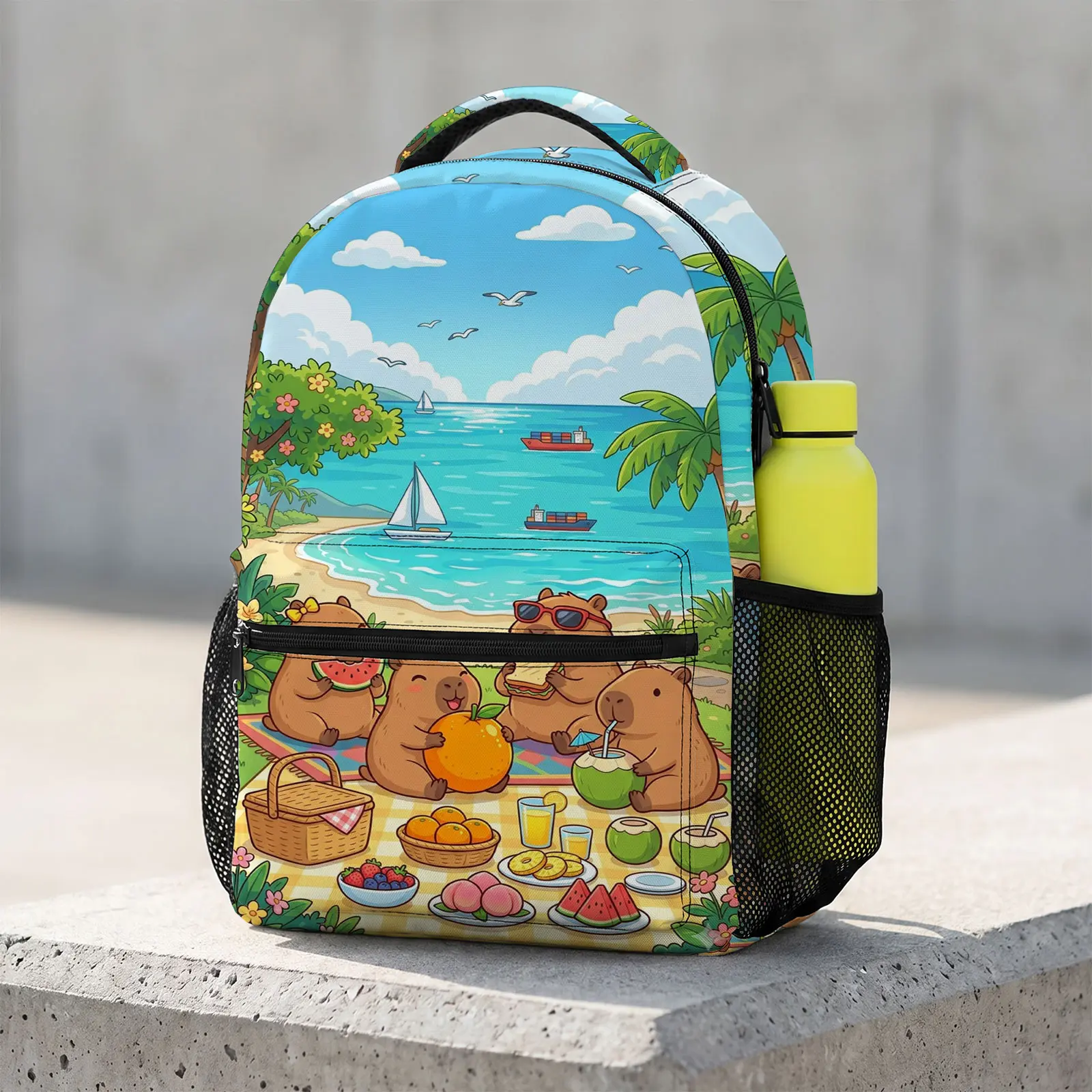 Kawaii Printed Capybara Backpack, Unisex Heavy-Duty Large Capacity Bookbag for School and Travel with Chest Buckle, Animal Character Backpacks, Backpack Bag