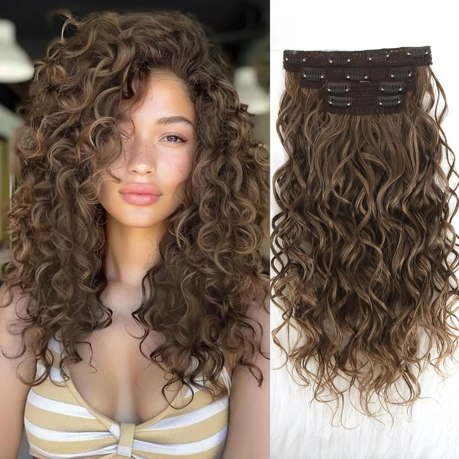 Clip in Hair Extensions, 4 count 16 inch Curly Hair Extensions Short Soft  Hairpiece Lace Weft Curly Wave Clip Ins Extensions Invisible for Women,Medium Brown