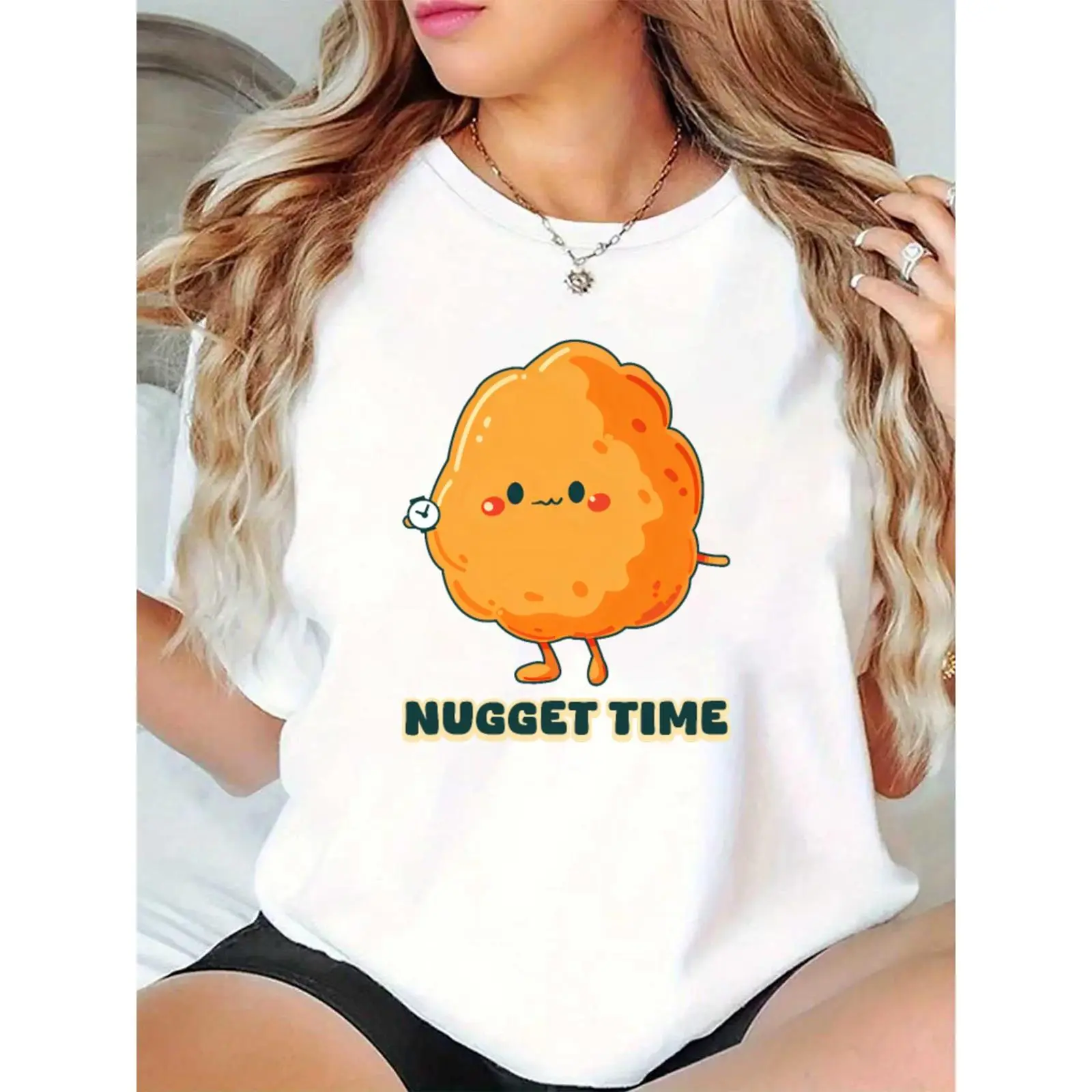 Women's "NUGGET TIME" Cute Chicken Nugget T-Shirt, Funny Foodie Graphic Tee with Clock, Casual Daily/Party Outfit for Food Enthusiasts
