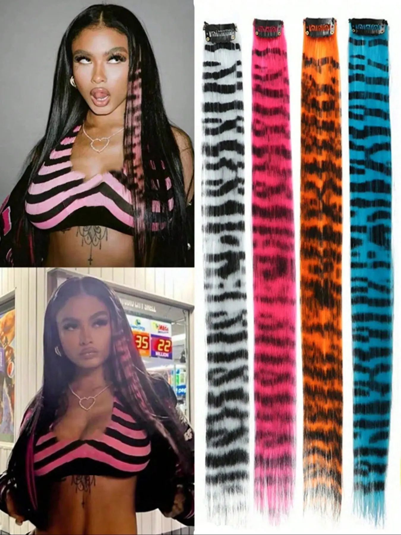 4 Piece Leopard Print Mixed Color Hair Extensions Y2K Street Style, Claw Clips, Clip-In Hair, Hair Slides, Hair Clamps, School Supplies, Synthetic Hairpiece, Synthetic Hair Pieces