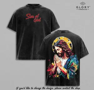 Son of God Jesus Praying T-Shirt | Merry Xmas Christian Holiday Shirt | Vintage Washed Oversized Faith Tee | Colorful Jesus Art Graphic Back Print | Religious Christmas Gift for Believers USA