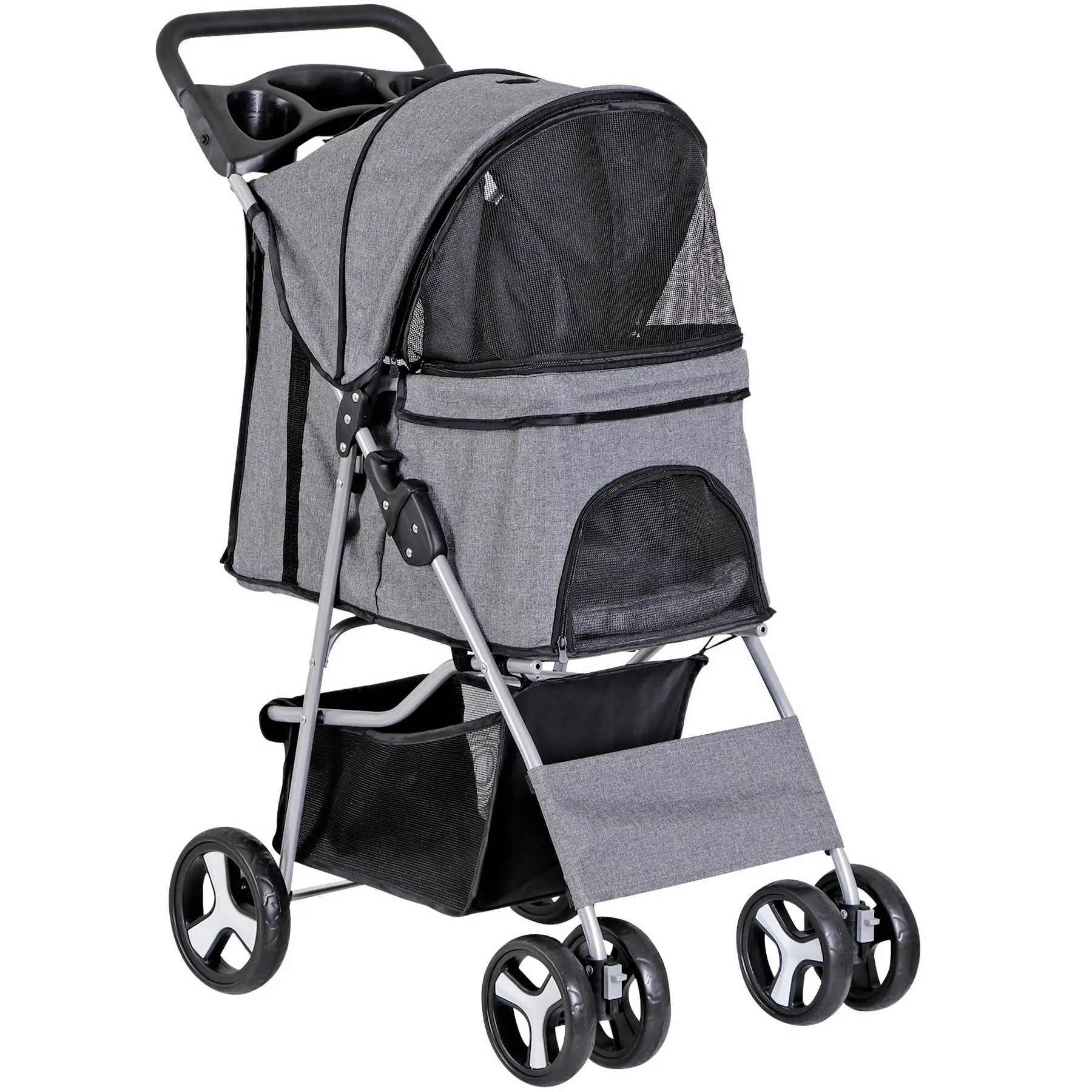 SuperDeal Foldable 4-Wheel Pet Stroller Carrier for Shopping, Oxford Cloth, Foldable & Durable Design, Waterproof & Easy Maintenance, 360-Degree Swivel Wheels, Ventilated Mesh Windows, 35 lbs Capacity, 39.8"x29.5"x17.7" Gray, Fabric, Ample Storage