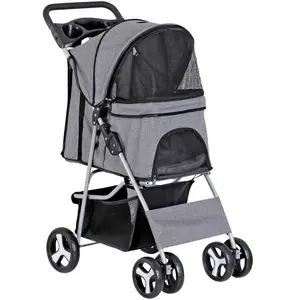 SuperDeal Foldable 4-Wheel Pet Stroller Carrier - Folding Frame, Oxford Cloth, Weather-Resistant Design, Storage Space, Stable for Cats and Dogs, Gray