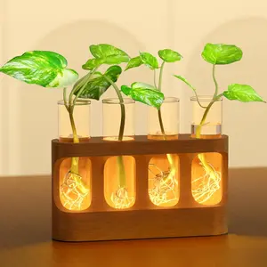 Adjustable LED Plant Grow Station with Wooden Base and 4 Glass Tubes, Ideal for Hydroponic Plants, Unique Gift for Plant Lovers