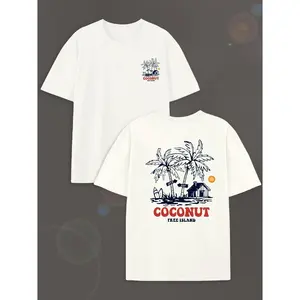 Coconut Palm Tree Island Graphic Tee Unisex Streetwear Short Sleeve Crewneck Shirt Summer Vacation Beach Casual Outfit