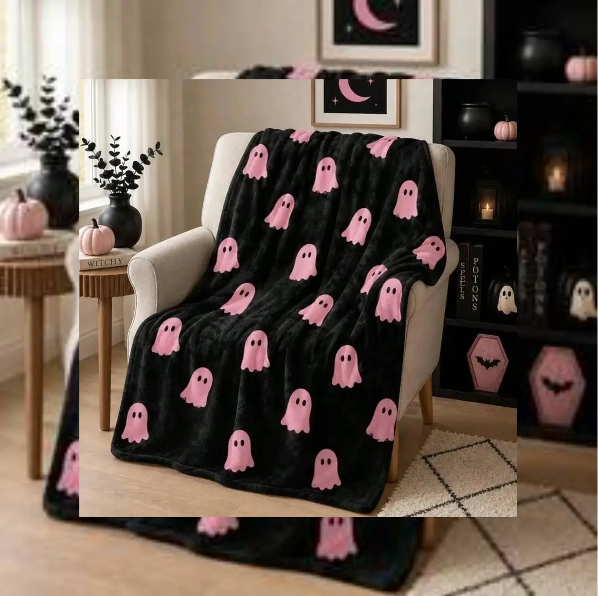 Aesthetic Black Pink Ghost Flannel Blanket | Cozy Spooky Cute Halloween Throw for Room Decor