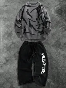 Unisex Casual Loose Sweater Set, Long Sleeve Knitwear & Printed Pants Two-Piece, Street Style Streetwear Letter Print, Fall&winter Fashion