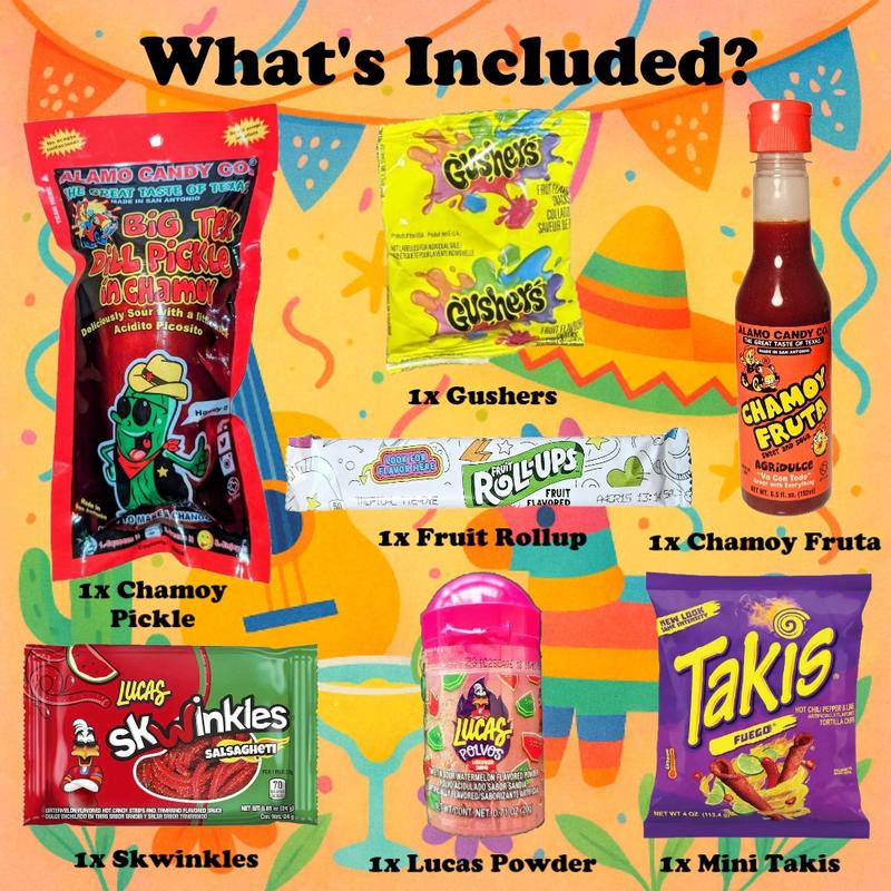 Chamoy Pickle Kit Deluxe with takis, fruit rollup, chamoy fruta liquid, skwinkles, gushers, lucas powder, popular mexican candy