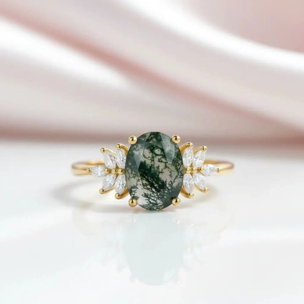 Vintage Green Moss Agate Art Deco Cluster Promise Ring Set