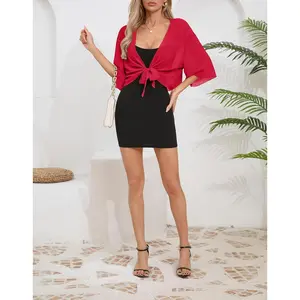 Women's 2025 Summer Lightweight Short Bolero Cardigan Shrug Sheer Tie Front Top 3/4 Sleeve Jacket for Dress Asymmetrical Beach