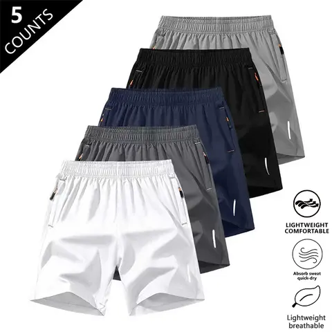 Men's Solid Color Zipper Pocket Shorts Summer Casual Comfortable Breathable Three-Quarter Pants, Men's Everyday Bottoms, Tropical Beige, 5-Pack