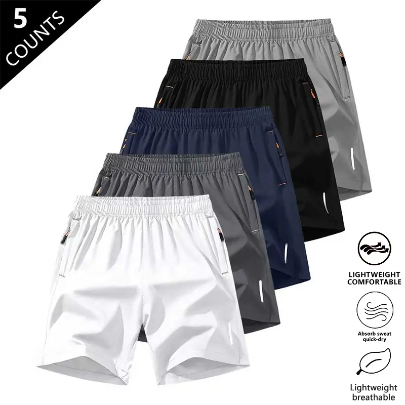 Men's Solid Color Zipper Pocket Shorts Summer Casual Comfortable Breathable Three-Quarter Pants, Men's Everyday Bottoms, Tropical Beige, 5-Pack