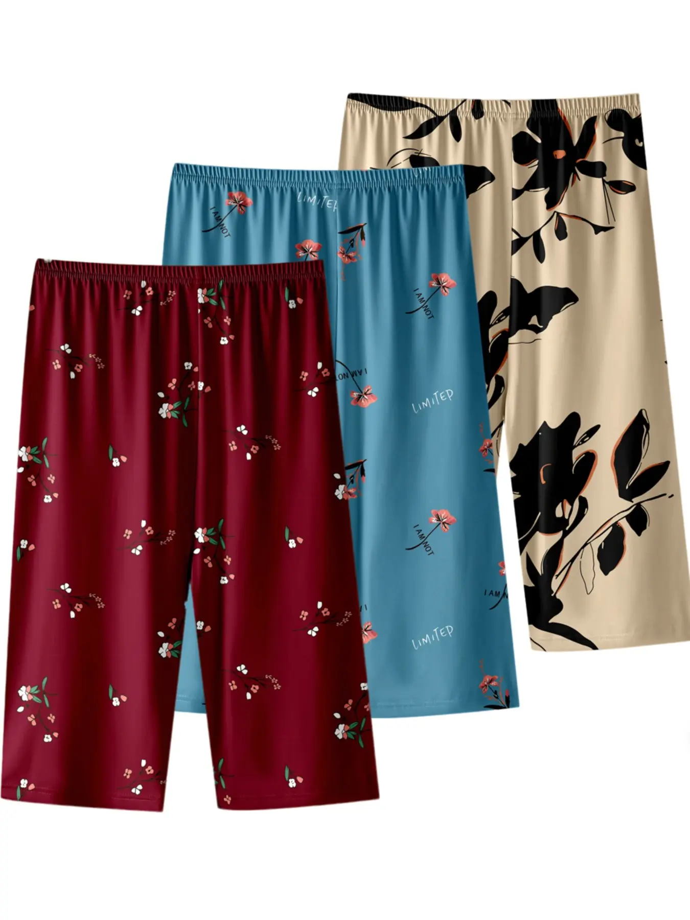 3-Pack Floral Print Sleep Pants, Plus Size Loose Fit Lightweight Summer Pajama Shorts, Casual Everyday Nightwear Home Wear for Women, Cozy Loungewear Shorts, Elderly Mom Comfortable Lounge Pants Loungewear, Loungewear Sleepwear