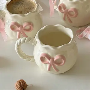 Cute Ceramic Mug with Bow Design, Creative Home Water Cup, Couple Breakfast Cup, Office Coffee Cup, Party Gift, Birthday Present