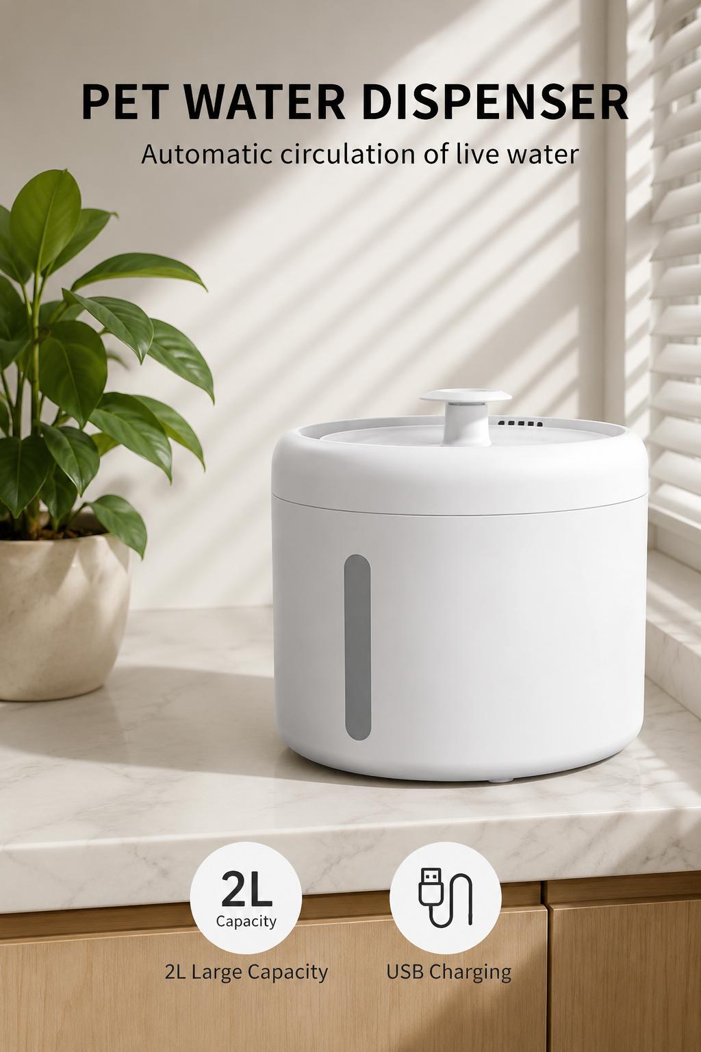 Smart Pet Water Fountain, 2L Circulating Flowing Water Dispenser with 4-Stage RAM Filtration, Silent Pump, Stainless Steel Tray, Spill-Proof Bowl, Hydration Boost Pet Feeding Accessory for Cats & Dogs