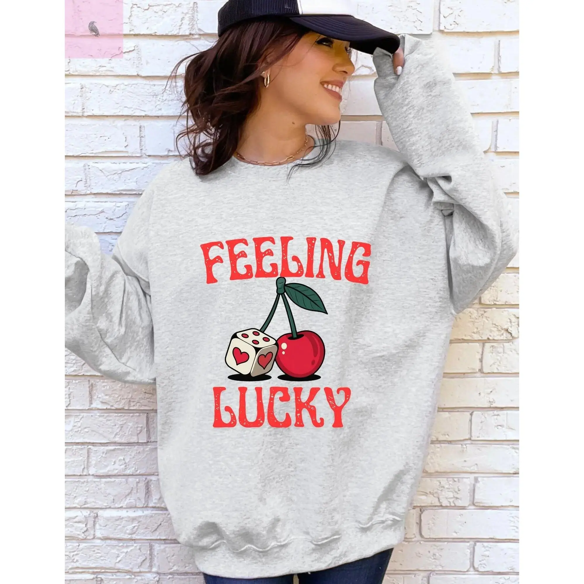 Lucky Cherries Sweatshirt, Feeling Lucky Unisex Crewneck, Lucky Charm Jumper, Casino Lover Gift, Gambling Apparel, Cherry Print Pullover Collar Cotton