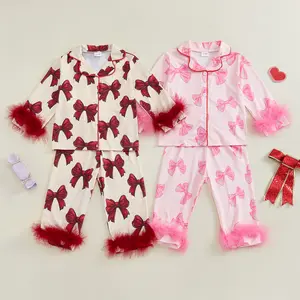 Toddler Baby Girl Button Down Pajamas Set Cute Bow Print Furry Trim Long Sleeve Sleep Shirt + Pants Set Girls Fall Pjs
