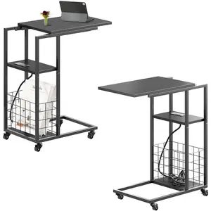 Under Seating Rolling Table with Integrated Power - TV Tray with Wheels Slide Under Bedside Adjustable Side Table C Shaped End Table for Couch Living Room Food TrayStanding computer desk desktop small apartment home desk bedroom mobile bedside study can w