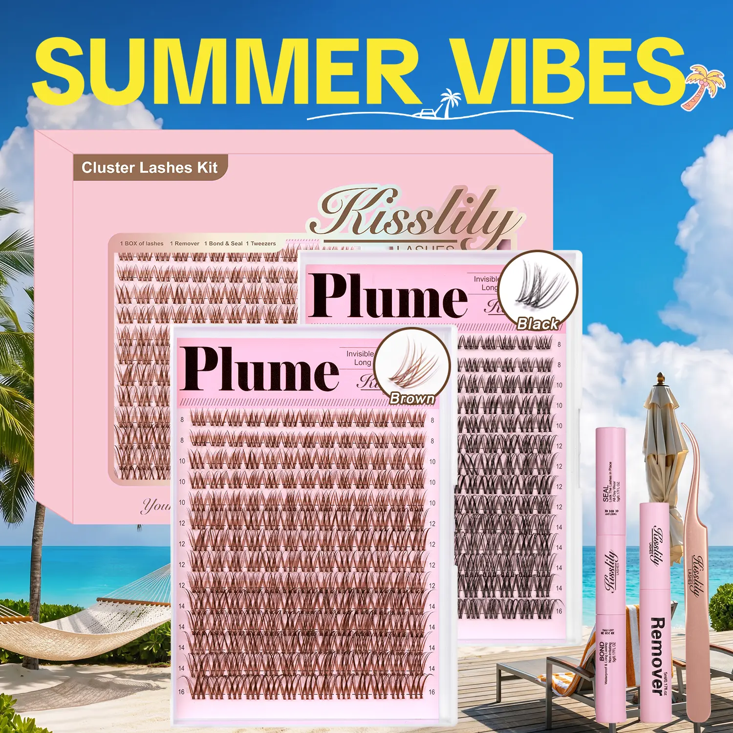 Plume | Kisslily Brown Lash Clusters Invisible Band Natural Lash Extension Kit with Bond & Seal Mascara Look DIY Lashes 8-16mm C Curl D Curl Long Lasting Beginner Friendly #summerfinds #SummerWins