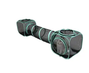 Kitty City Two-Way Cat Tunnel with Cubes, Mesh Pop-Open Playset for Indoor & Outdoor Use, Black & Teal,