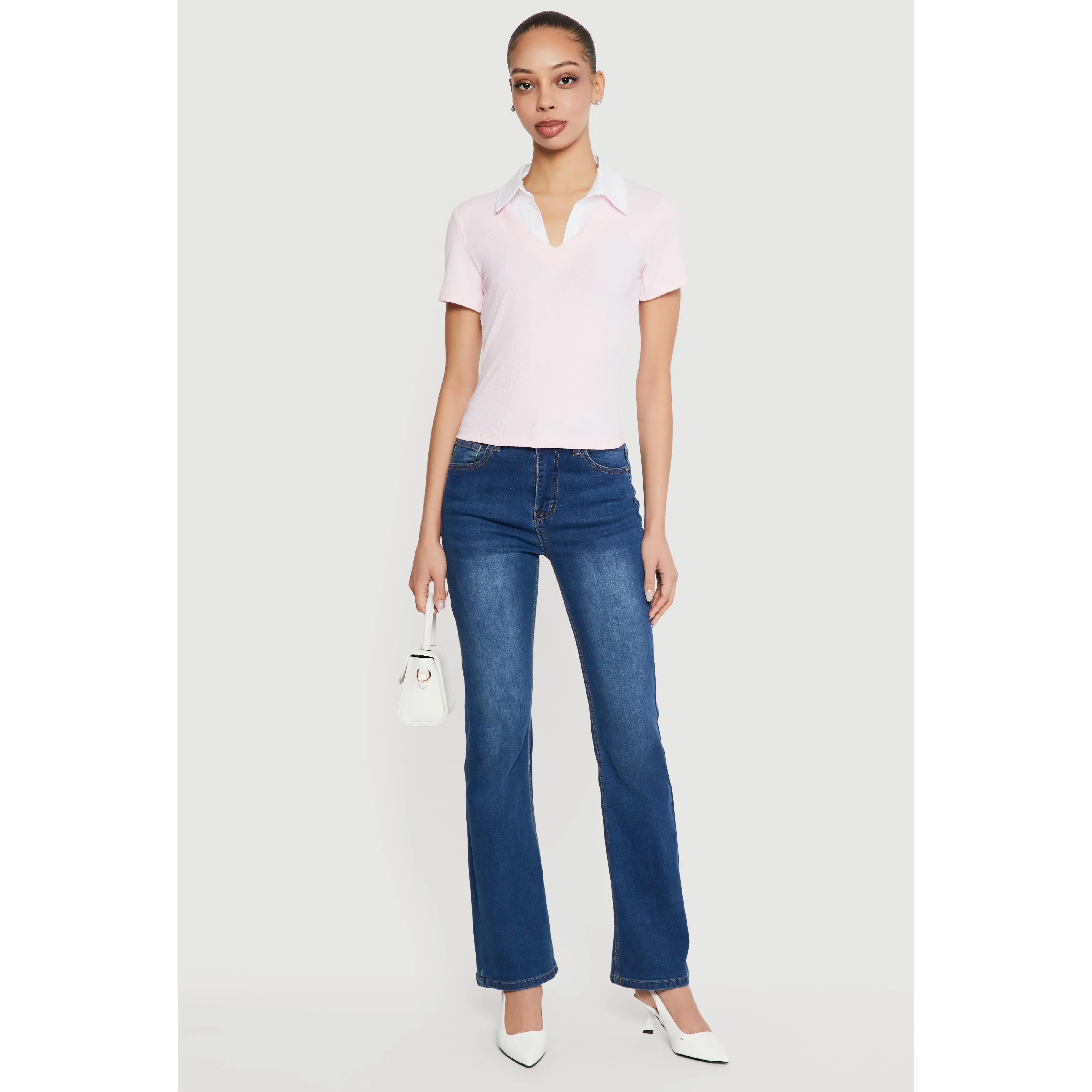 Layered Look Ribbed Knit Polo Top