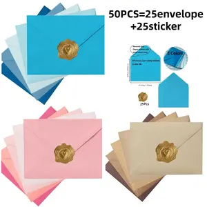 50 Pieces Including (25 A7 Colored Envelopes+25 Gold Stickers) Wedding Party Invitation Letter Folding Thank You Card Hot Stamping Love Sticker Sealing