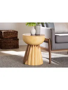 212 MAIN Alara Hand-Carved Suar Wood Sculptural Pedestal Accent Table - Round Top, Wavy Border, Pedestal Base, Fully Assembled, Natural Brown, Natural Grain, Modern Boho Indoor Home Decor Furniture