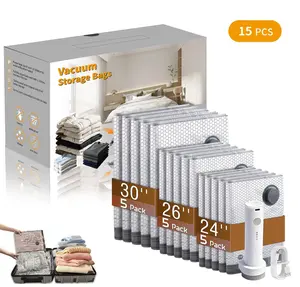 Mother's Day Gift Idea [2026 Upgraded] X7 Cordless TravelVacuum Storage Compression Bag Set with Rechargeable airPump 15 Pack Waterproof &Reusable Compression PackingBags for 3Size, 140L/Min Powerful Air Removal,Perfect forCarry-On Suitcases