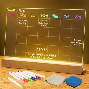 Dry Erase Board with Light Up Stand 12 x 8 Inch, Clear Desktop Calendar Whiteboard for Desk, Glowing Message Board Memo Tablet for Office Home Bedroom, 7 Colored Markers, 1 Eraser