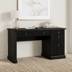 Fluted Home Office Desk Storage, 54" Modern Executive Desk with Charging Station, Wooden Computer Writing Desk with File Cabinet & Drawers for Study, Living Room, Bedroom,Black