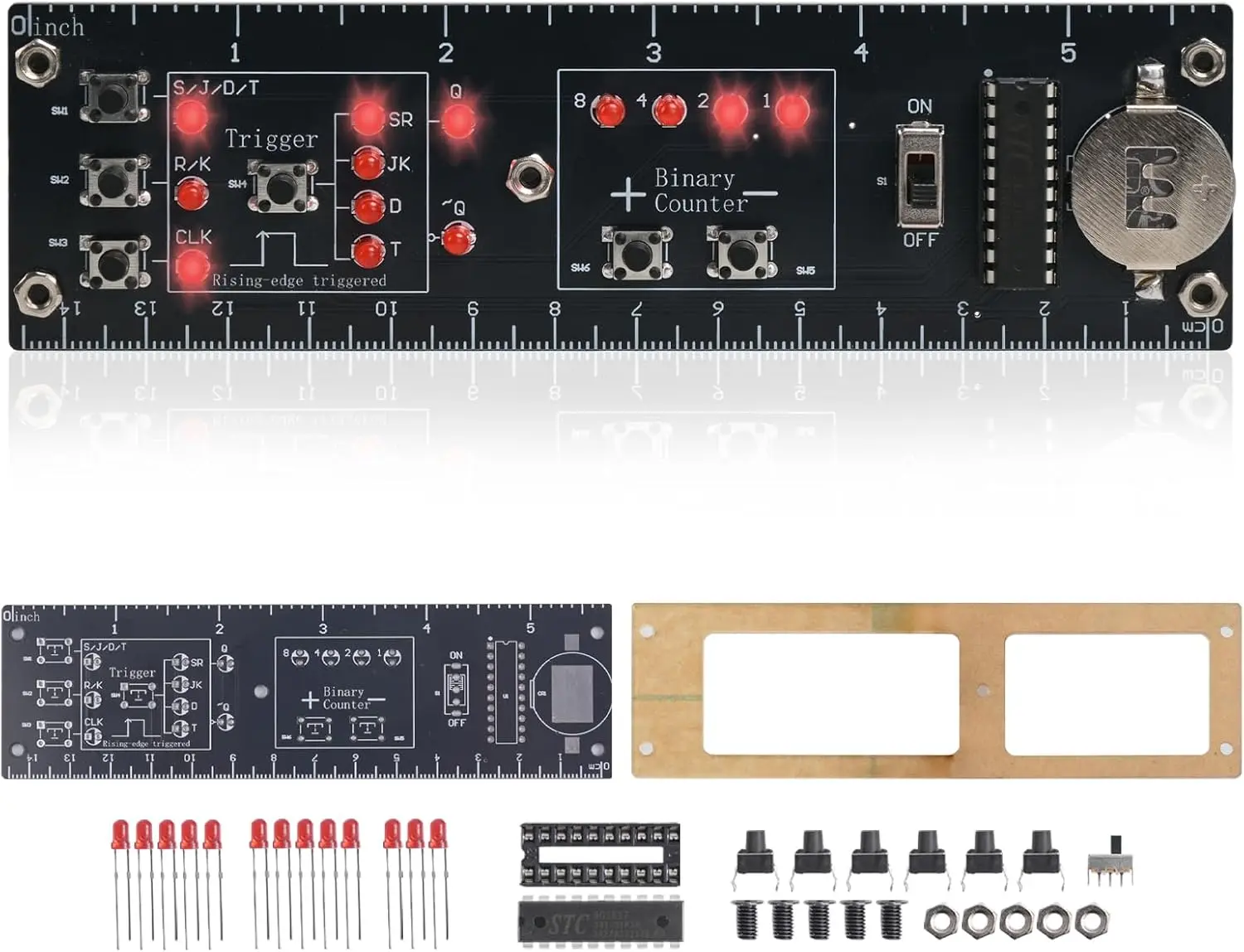 DIY Digital Logic Circuit Ruler Soldering Kit, Binary Counter (0-15) & Flip-Flop Circuits with Interactive LEDs, STEM Electronics Soldering Practice Kit for Students & Beginners