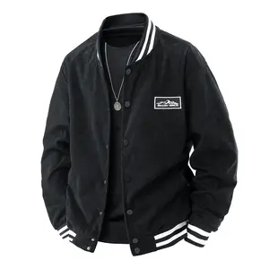 Sneaky Pig Men's Grey Varsity Jacket with White Stripe Trim & Mountain Embroidered Patch Retro Baseball Style Coat with Silver Necklace Casual Streetwear Fashion Outerwear