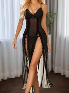 Women Lingerie Lace Sleepwear, Chemise Long Mesh Nightdress, V Neck Nightwear, Side Split Nightgown Loungewear