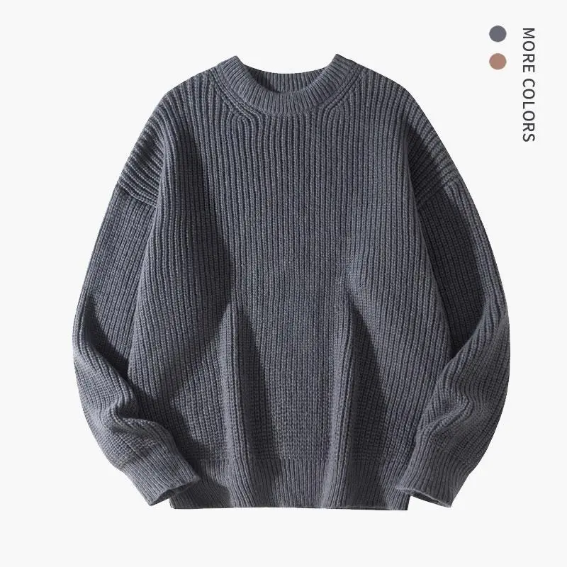 Men's Plain Gray Crew Neck Knit Pullover Sweater - Basic Longsleeves Polyester Top, Thick Knitwear, Drop Shoulder, Soft Quilted, Casual Classic College Style, Fall Outerwear, Party Unisex Base Layer