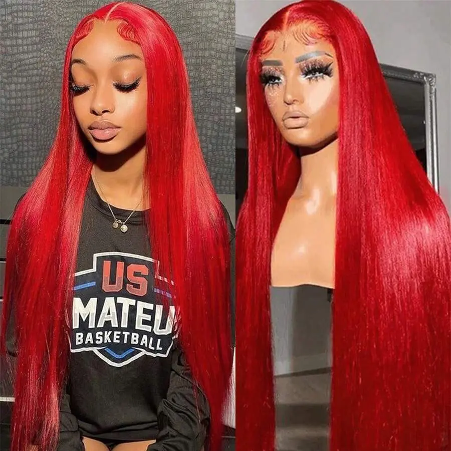 32 Inch Red Hair Lace Front Wigs For Women Pre Plucked Long Straight Hair Wigs Glueless Red Colored Wigs Halloween Wigs Heat Resistant Long Red